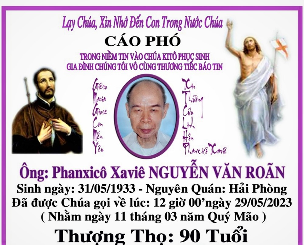 Cáo Phó Ông Phanxicô Savie Nguyễn Văn Roãn là Cộng tác viên Dòng Thánh Thể Việt Nam